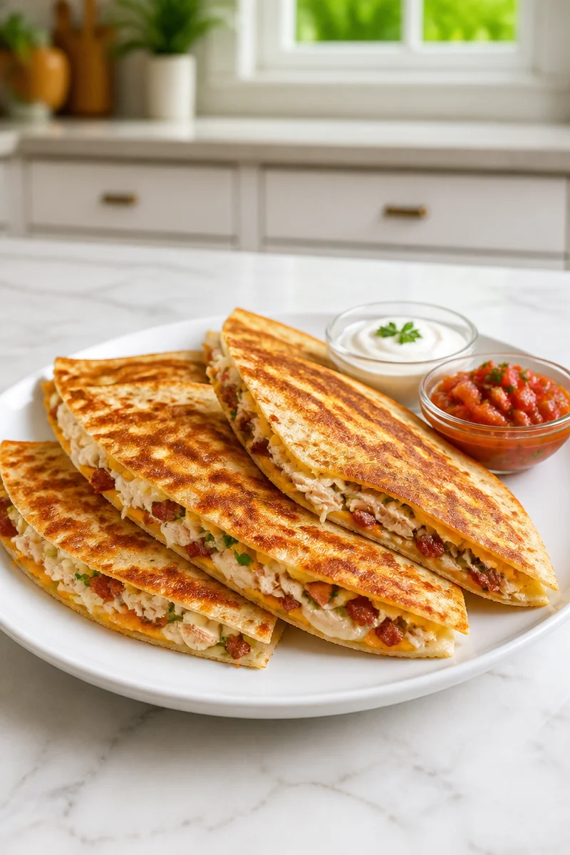 Classic Turkey Bacon Quesadilla Melt on a plate with melted cheese