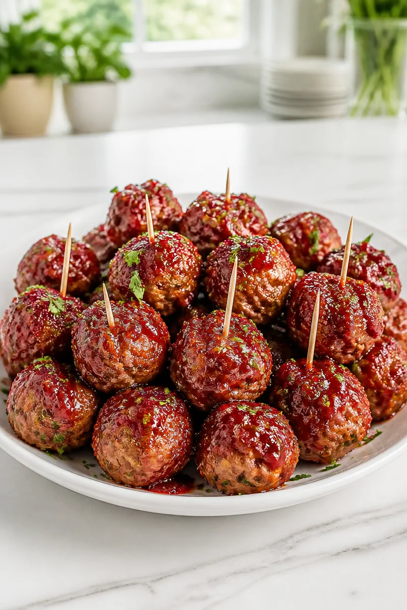 Classic turkey meatballs drizzled with cranberry glaze for a flavorful dish.