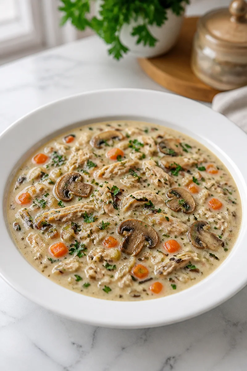 Bowl of classic turkey wild rice soup with vegetables and herbs.