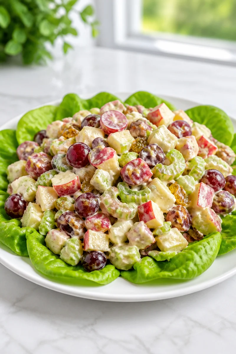Classic Waldorf Salad with apples and walnuts on a plate