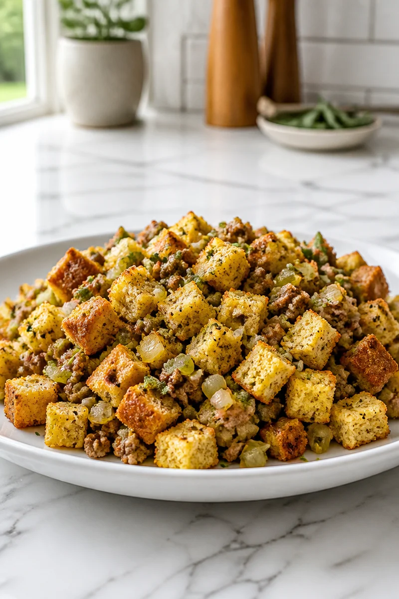 Bowl of cornbread stuffing made with sausage and herbs