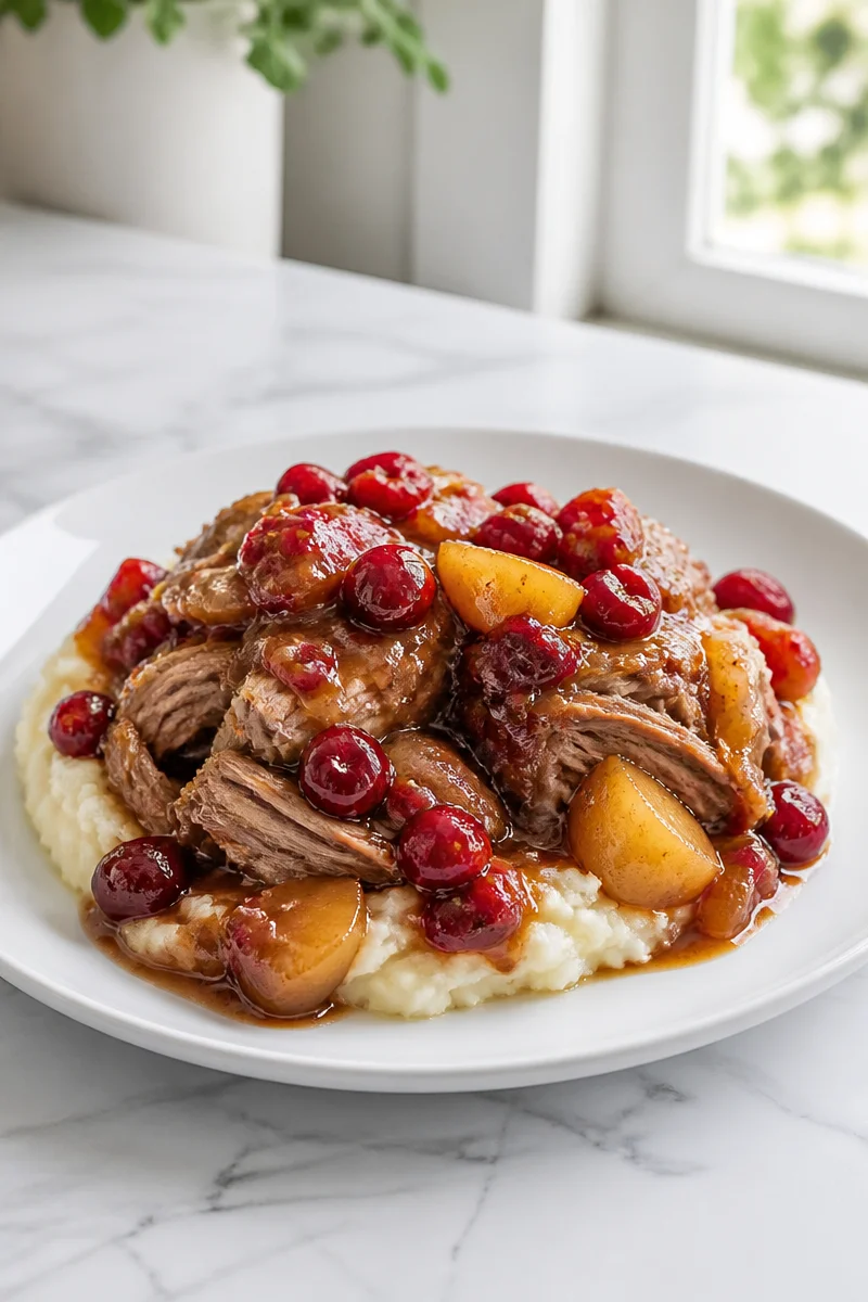 Cranberry apple cider braised pork served on a plate with garnish.