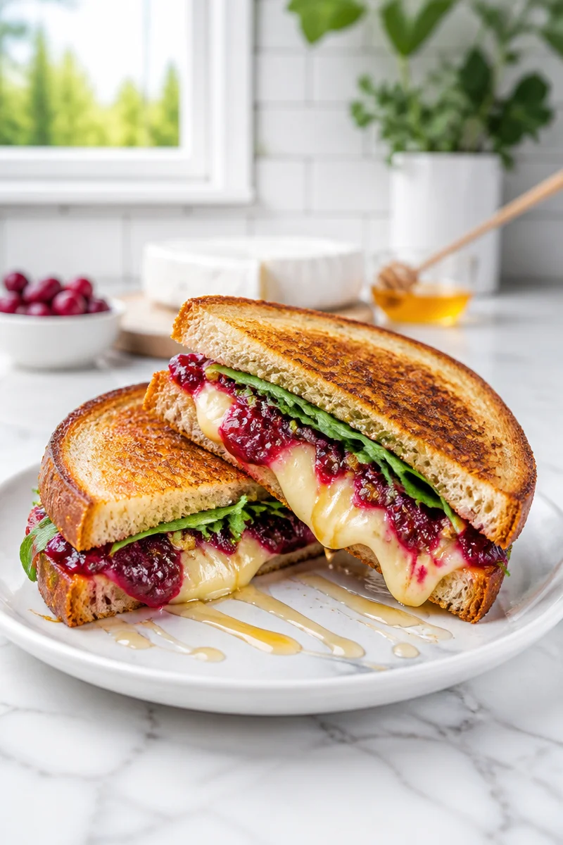 Cranberry Baked Brie Grilled Cheese sandwich with melted cheese and fresh cranberries