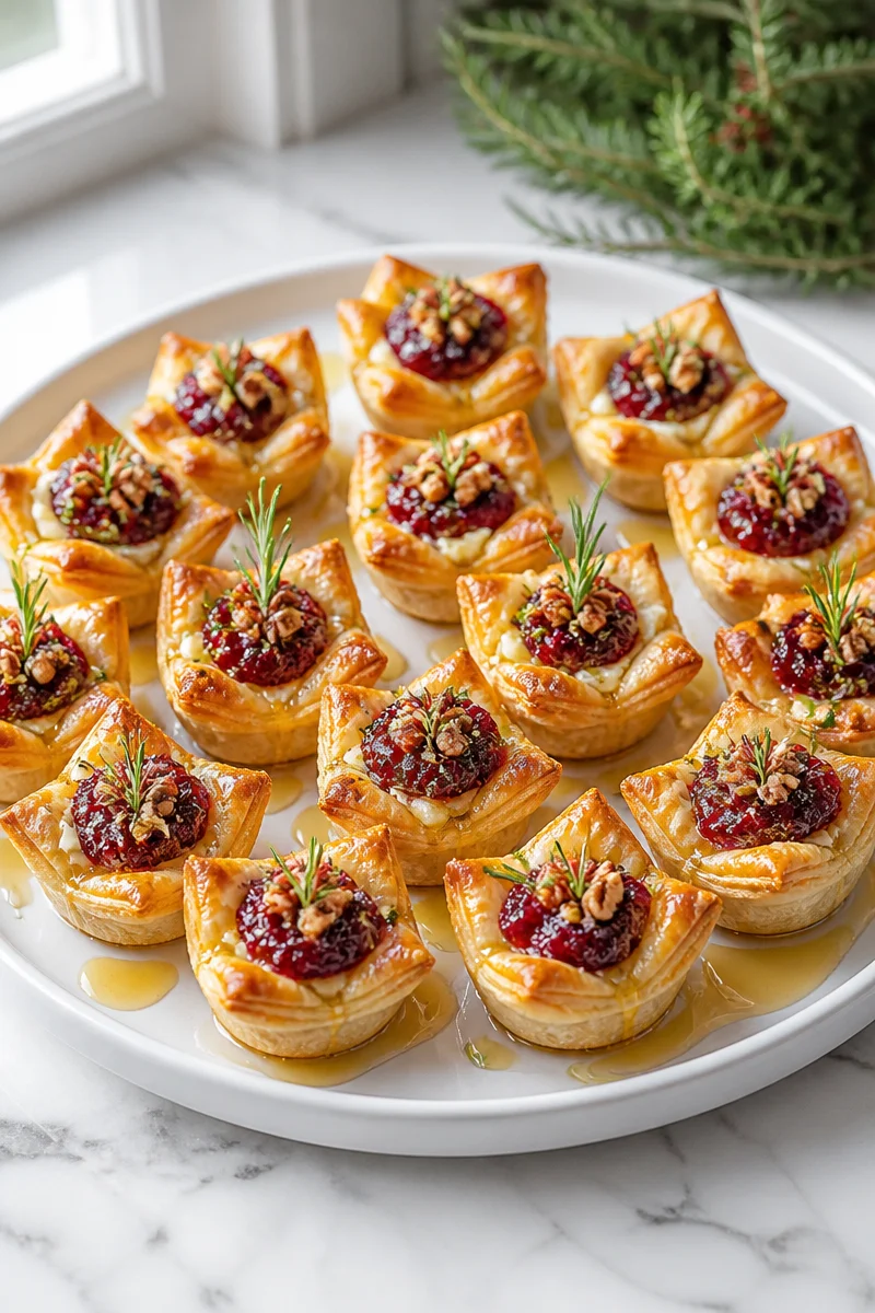 Delicious Cranberry Brie Puff Pastry Bites served on a platter