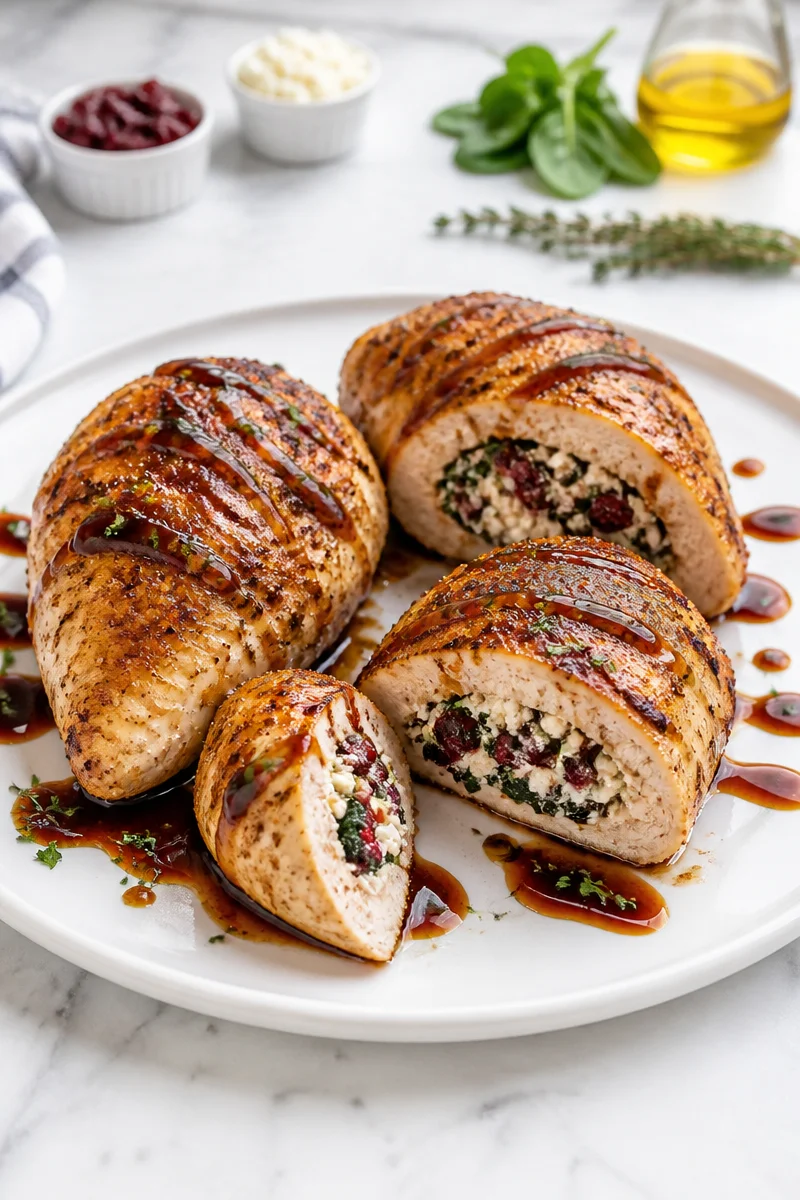 Cranberry feta stuffed chicken breast served with herbs and fresh vegetables.