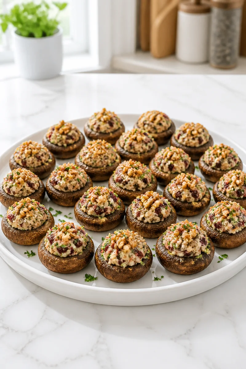 Cranberry Goat Cheese Stuffed Mushroom appetizer on a serving platter