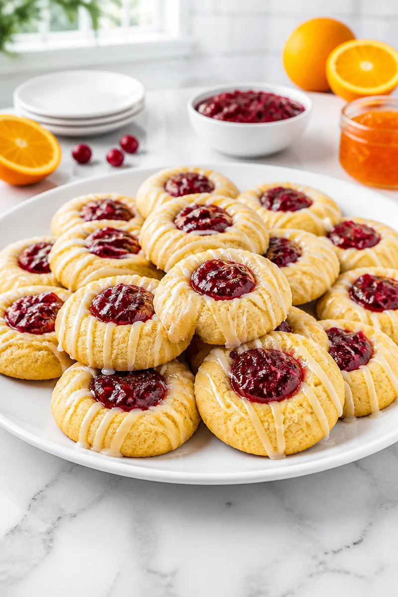 Cranberry orange marmalade thumbprint cookie with vibrant colors and texture.