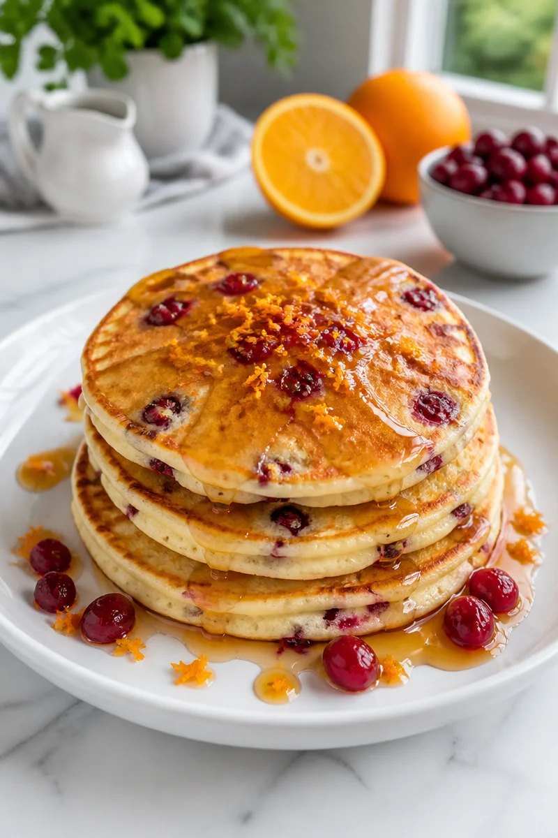 Stack of fluffy Cranberry Orange Ricotta Pancakes topped with cranberries and orange zest