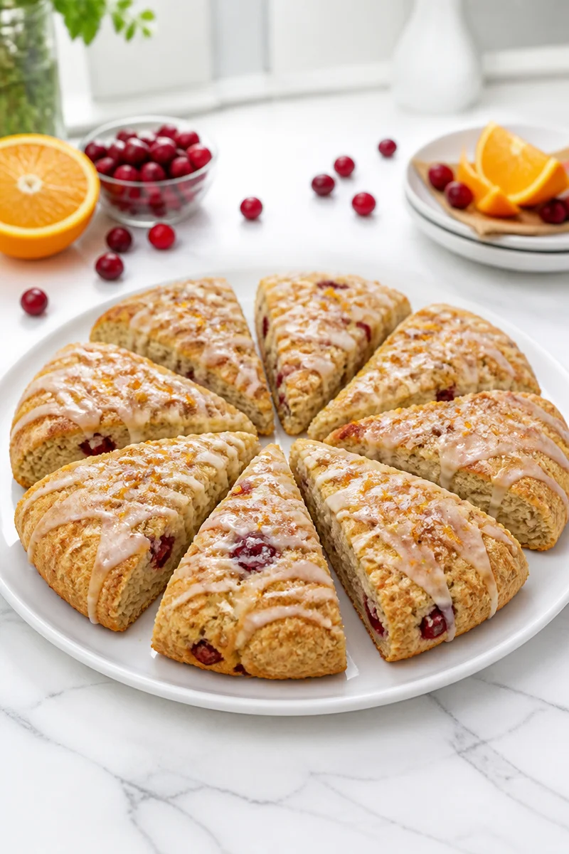 Freshly baked cranberry orange scone wedge for breakfast