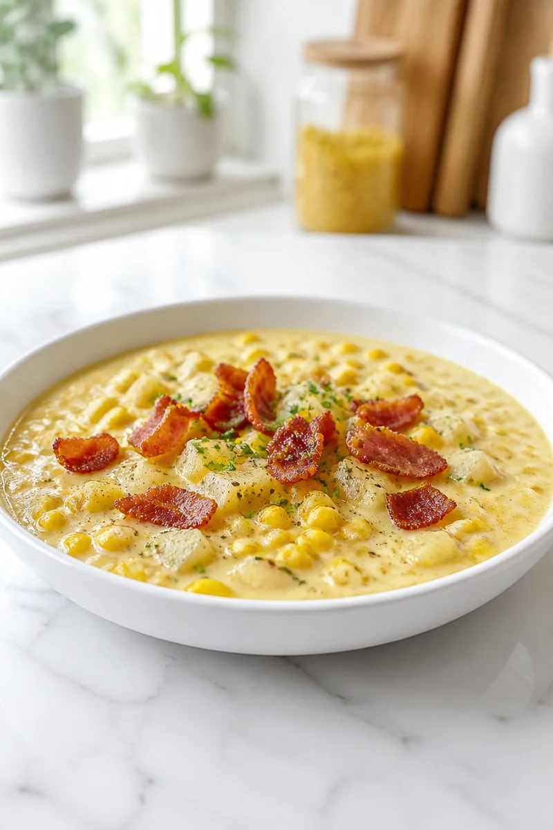 Delicious creamy corn chowder with bacon and potatoes served in a bowl