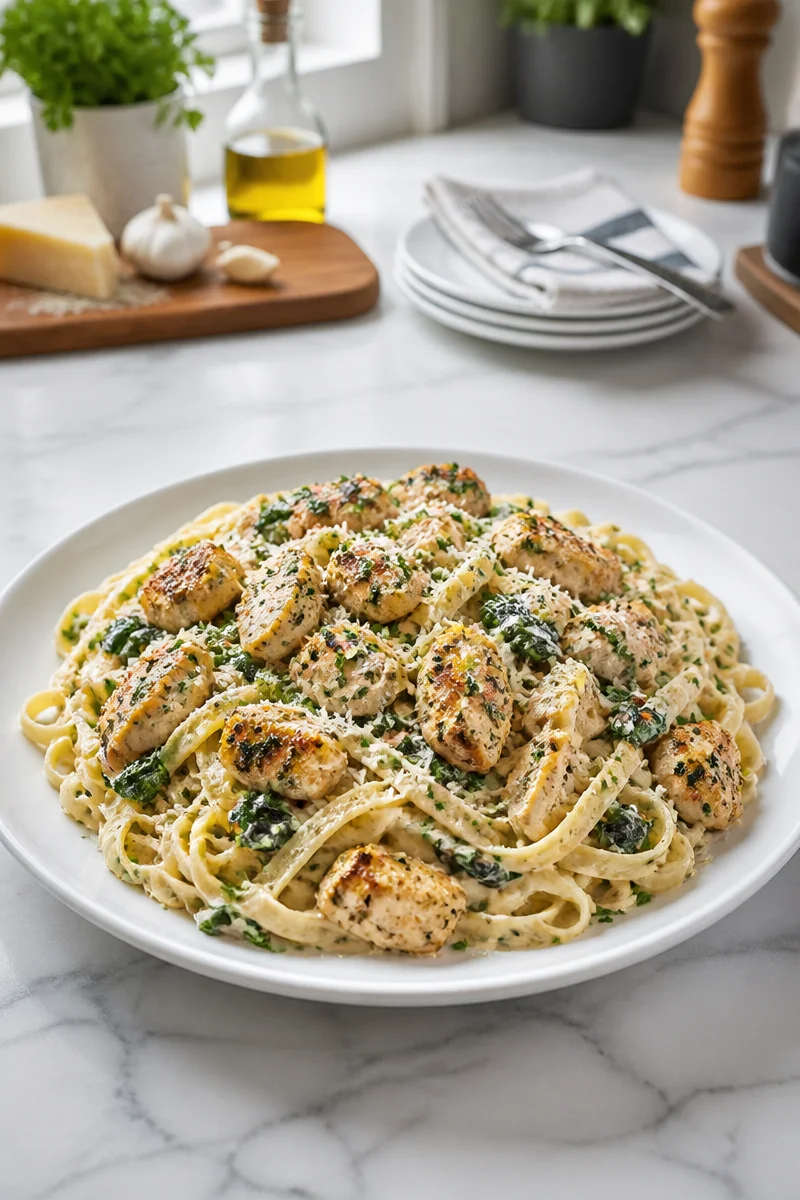 Creamy garlic parmesan chicken pasta dish with herbs and grated cheese