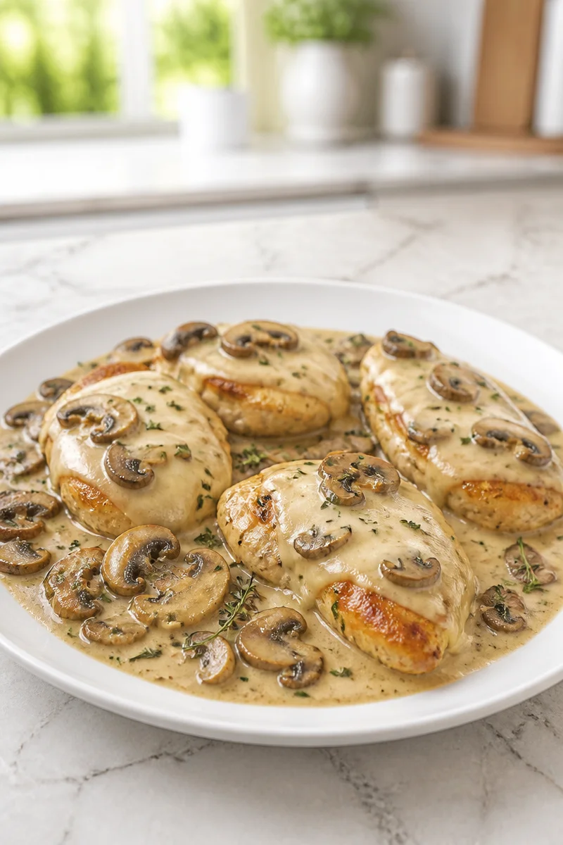 Creamy Mushroom Swiss Chicken Skillet with fresh ingredients in a pan