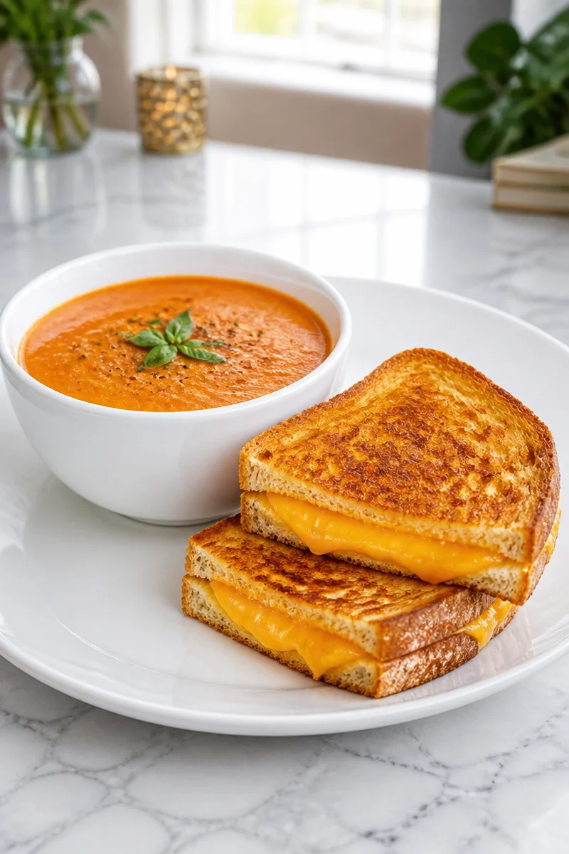 Bowl of creamy tomato soup with a side of grilled cheese sandwich