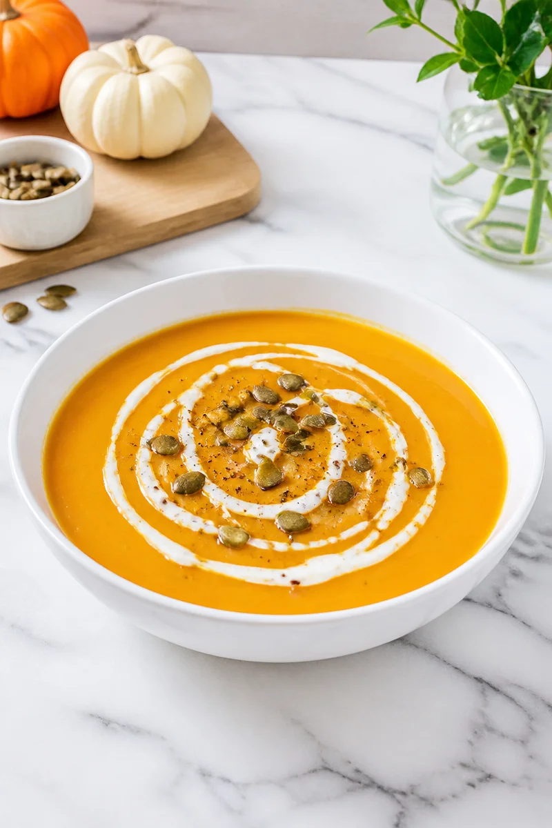 Bowl of creamy vegan pumpkin soup topped with herbs and seeds