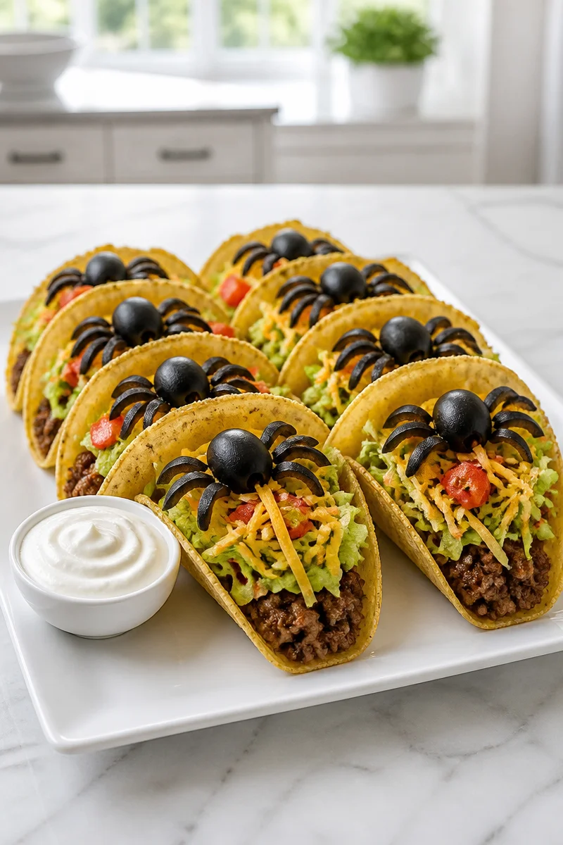 A spooky spider taco served on a colorful plate for Taco Tuesday.