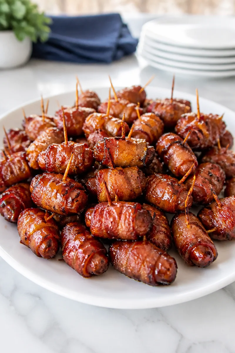 Crispy bacon wrapped smokies bites served on a platter