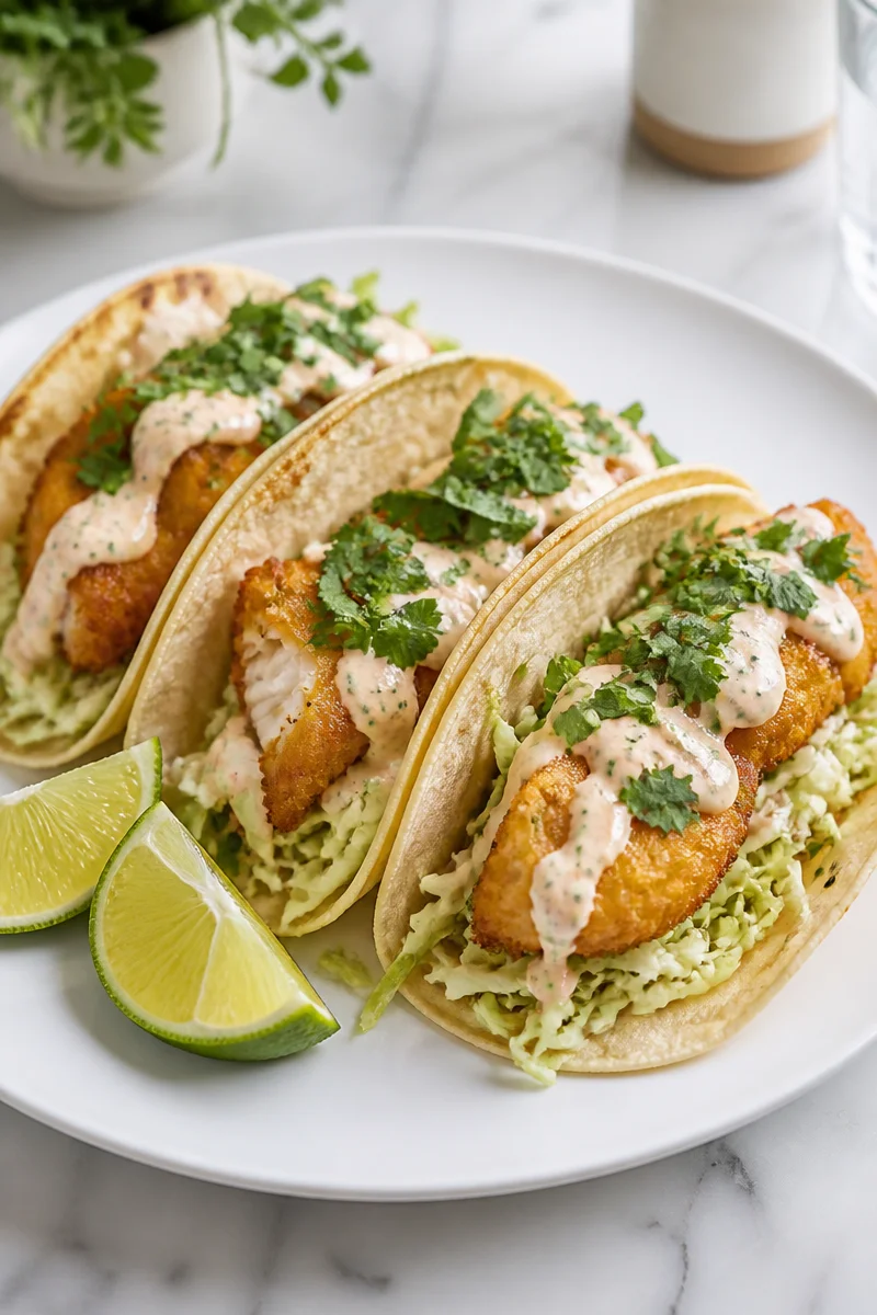 Crispy Baja-Style Fish Tacos served on a plate with fresh toppings