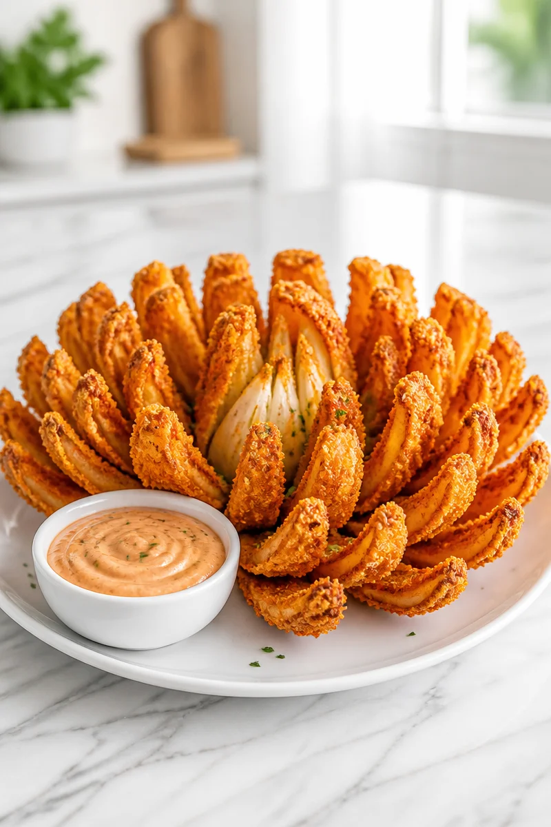Crispy baked bloomin onion petal served as a tasty appetizer.