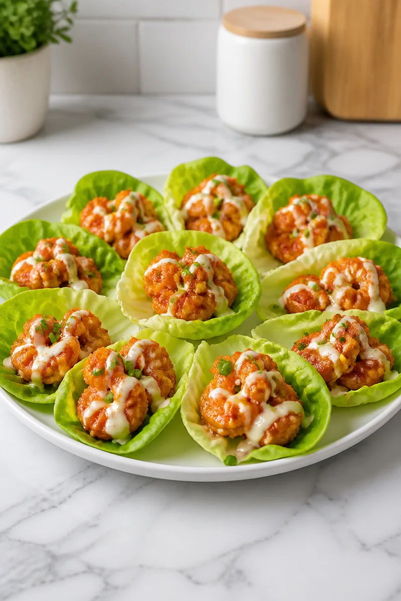 Crispy baked buffalo shrimp lettuce wrap garnished with fresh herbs