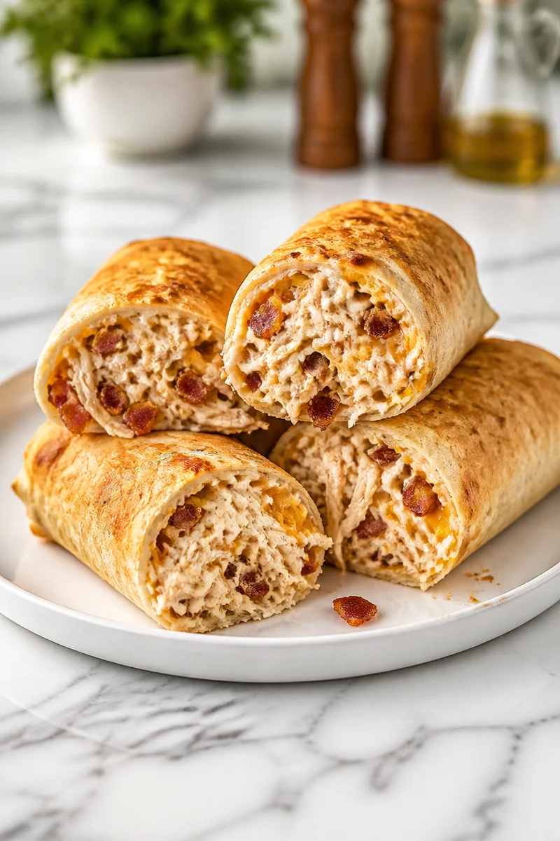 Crispy baked chicken bacon ranch wrap on a plate, garnished with fresh vegetables