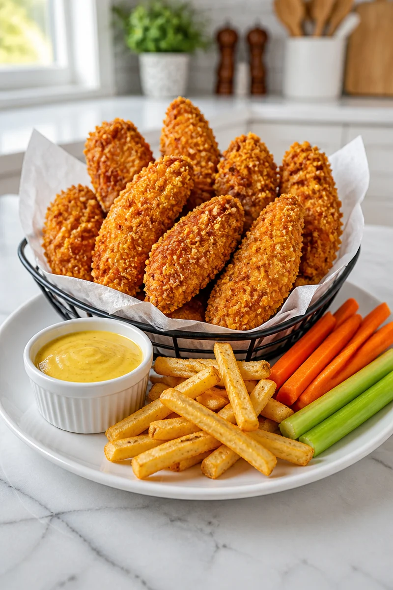 Crispy baked chicken tender basket served with dipping sauce