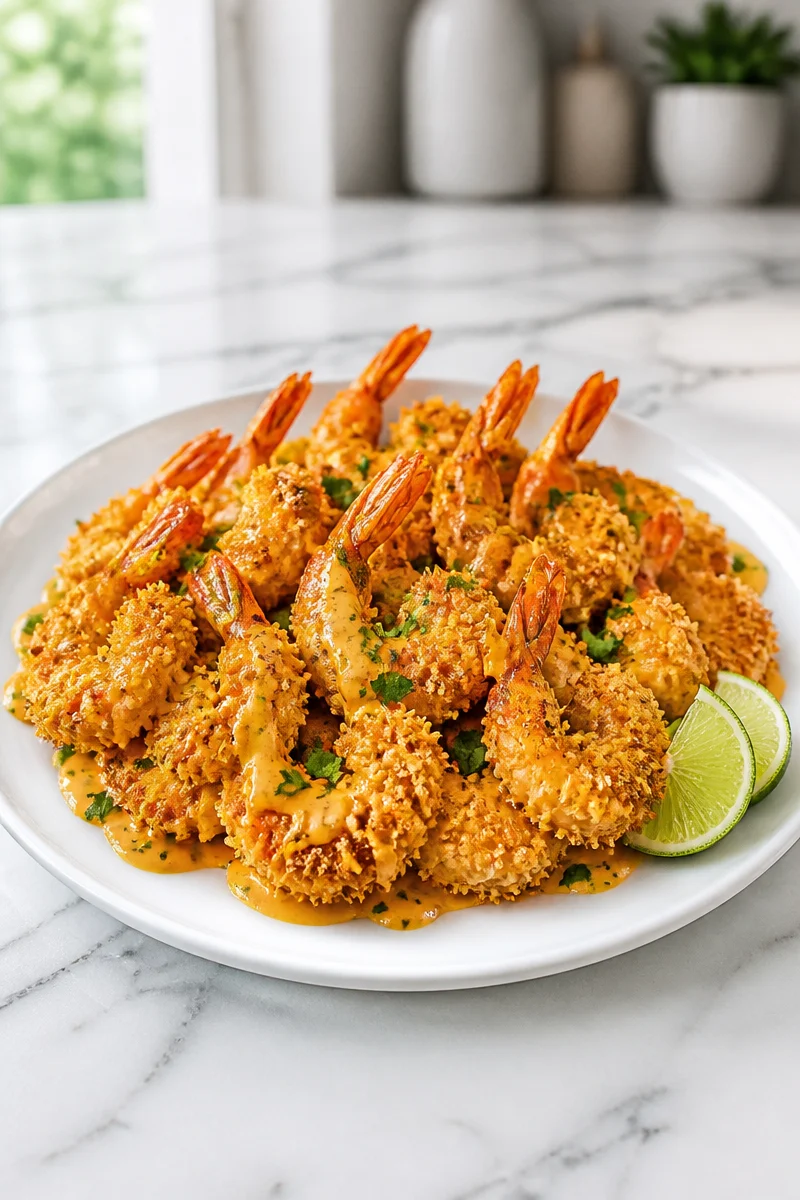 Crispy Baked Coconut Curry Shrimp served on a plate with herbs and sauce