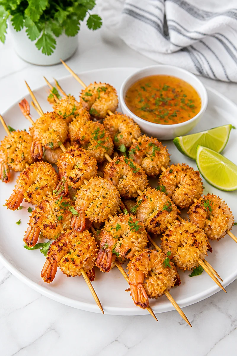 Crispy baked coconut shrimp skewers served on a platter with dipping sauce