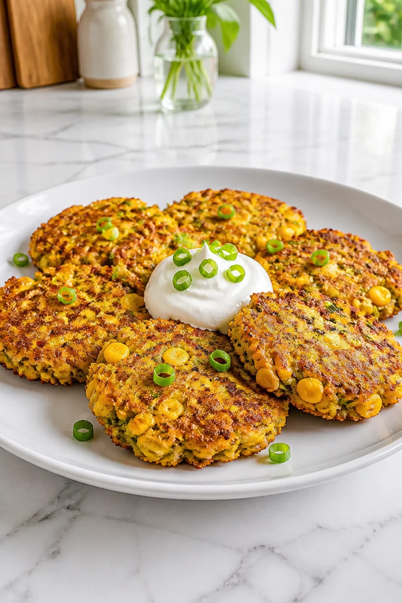 Crispy baked corn fritters with zucchini served on a plate.