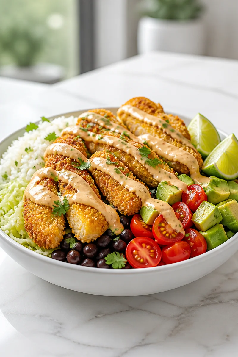 Crispy Baked Fish Taco Bowl with fresh toppings and lime wedges