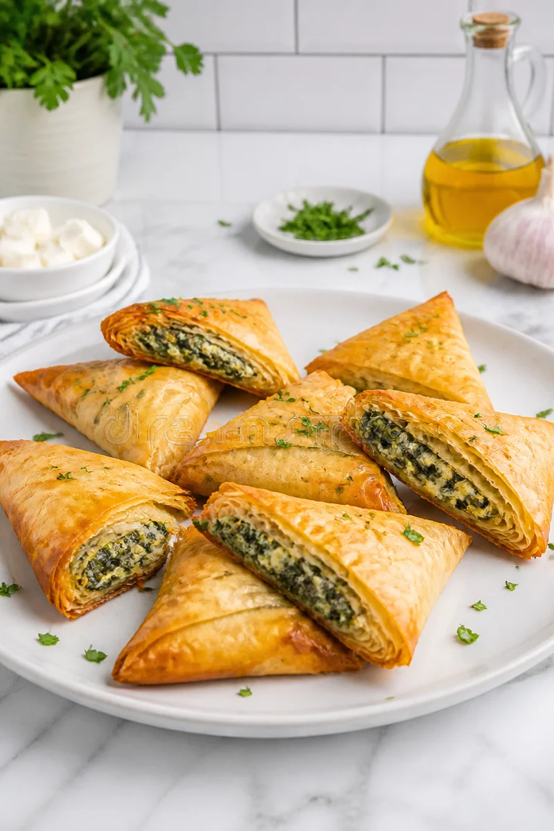 Crispy baked spinach feta triangle appetizer with golden crust and green filling