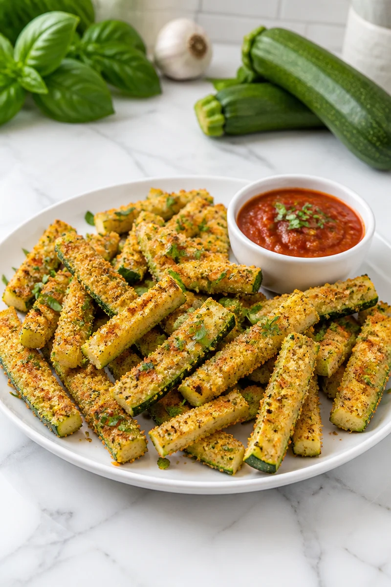 Crispy baked zucchini Parmesan fries served on a plate