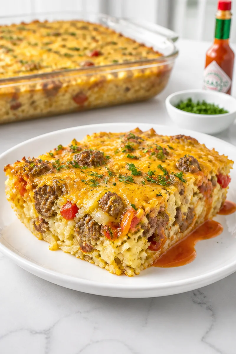 Crispy Hash Brown Breakfast Casserole served in a baking dish