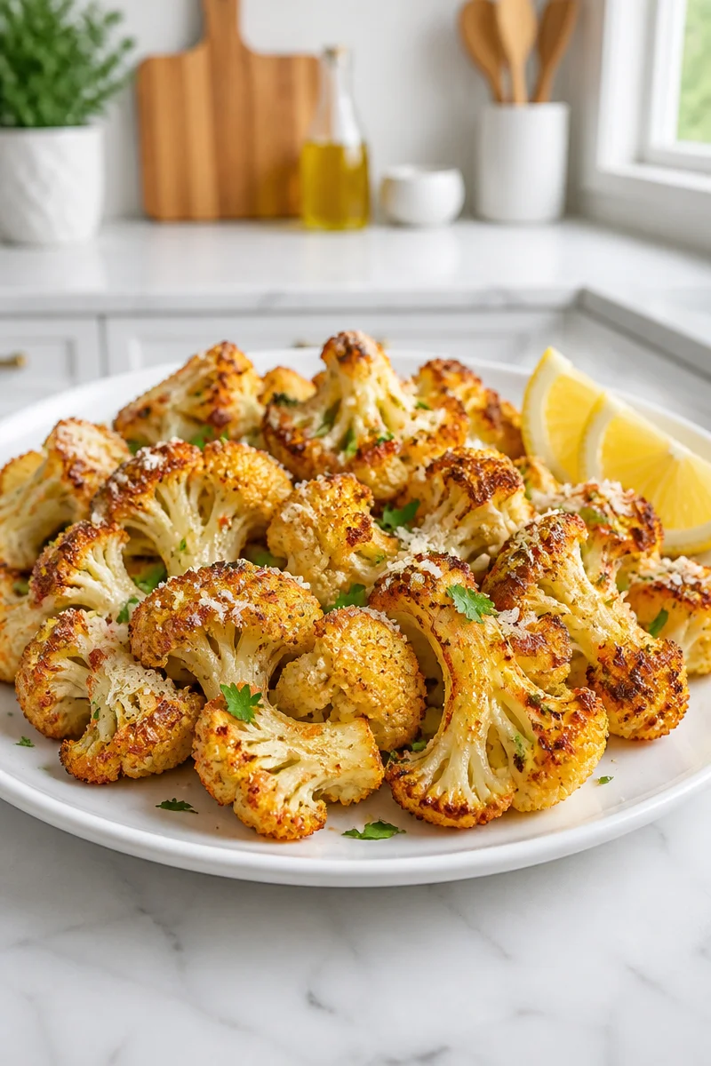 Crispy roasted cauliflower topped with Parmesan cheese