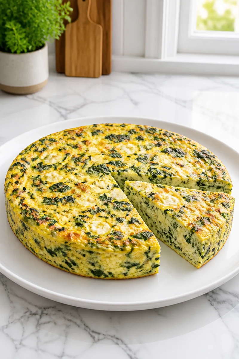 Crustless spinach and feta quiche served on a plate with fresh greens