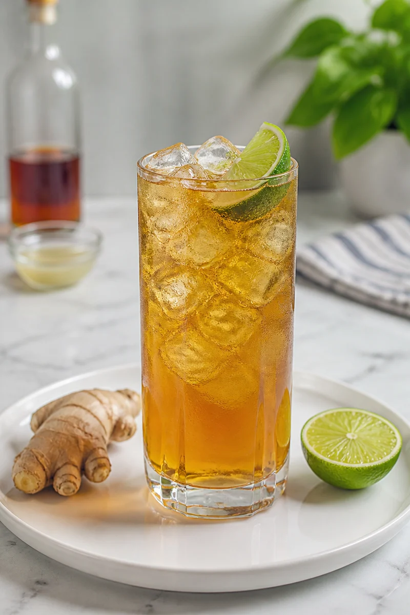Dark and Stormy Ginger Beer Cocktail garnished with lime