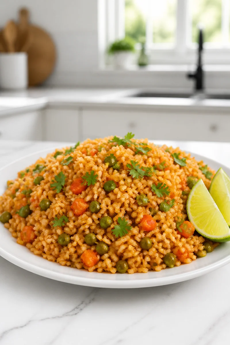 Bowl of easy authentic Mexican rice served with vegetables and spices
