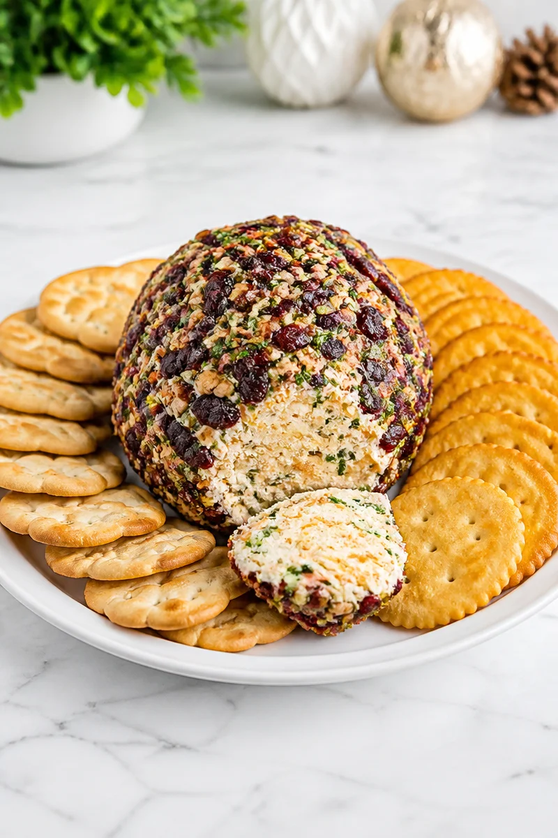 Easy Christmas cheese ball appetizer served on a festive platter