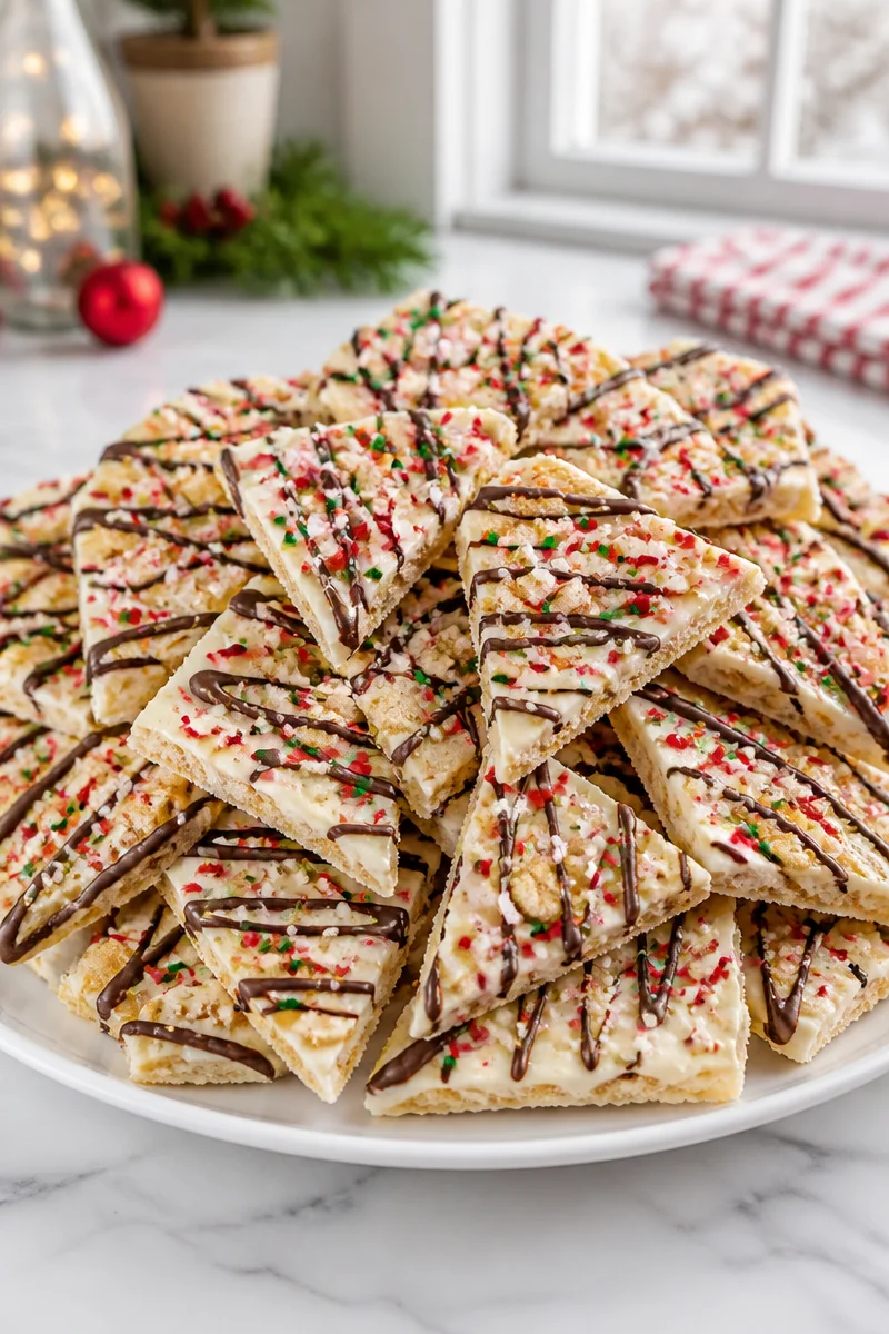 A delicious plate of easy Christmas cookie bark with peppermint topping.