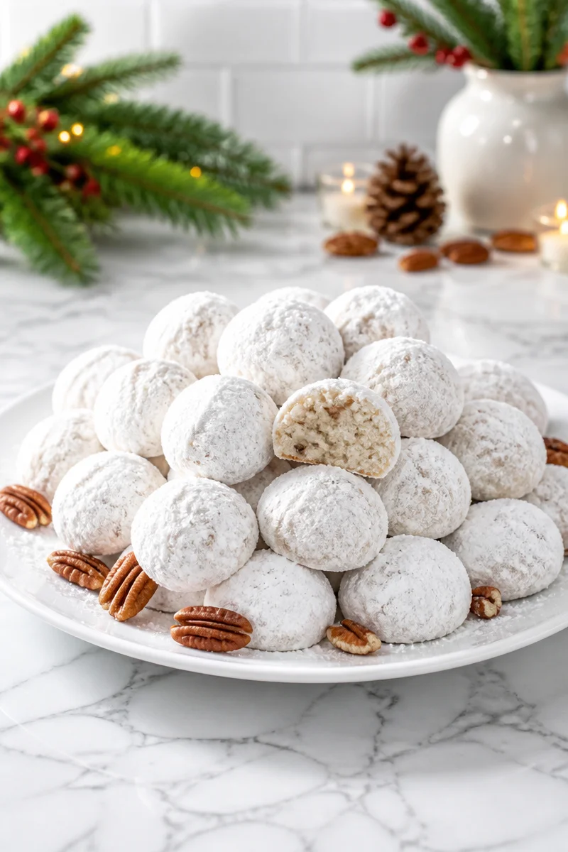 Easy Christmas Snowball Cookie Bite recipe with festive decorations