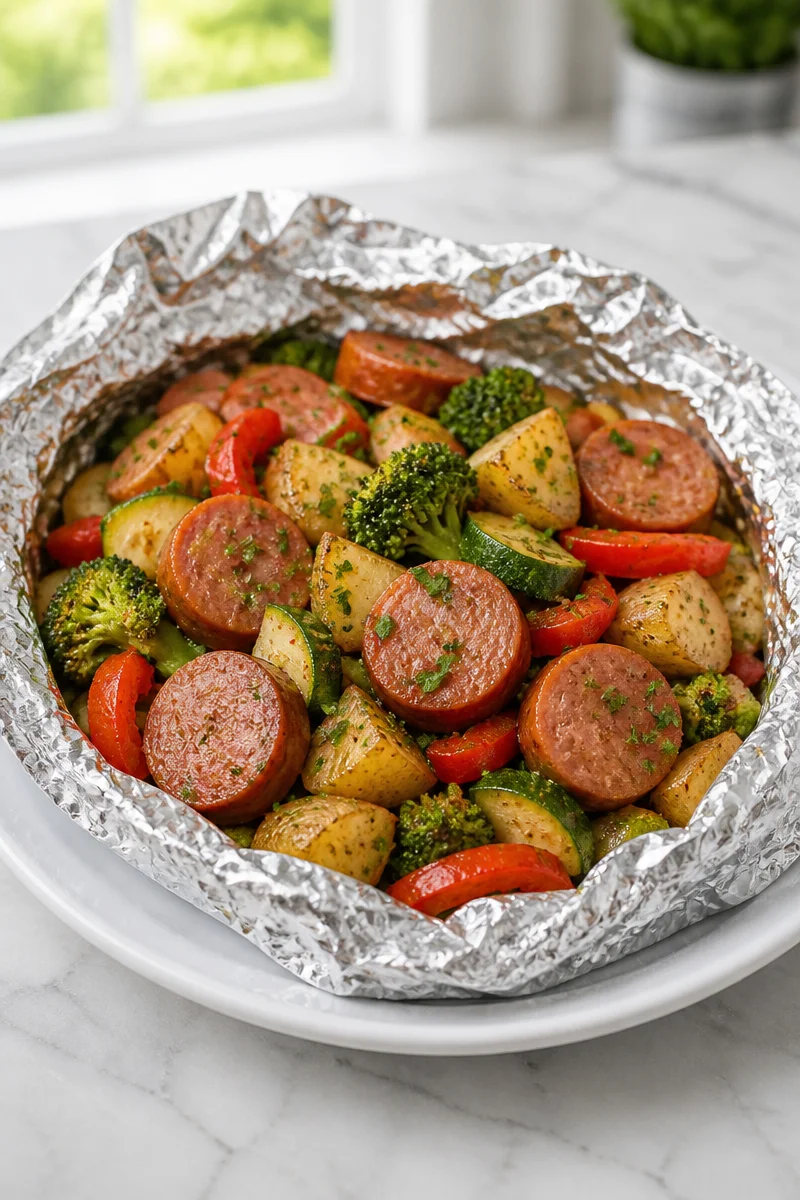 Easy foil packet camping dinner prepared on a campfire.