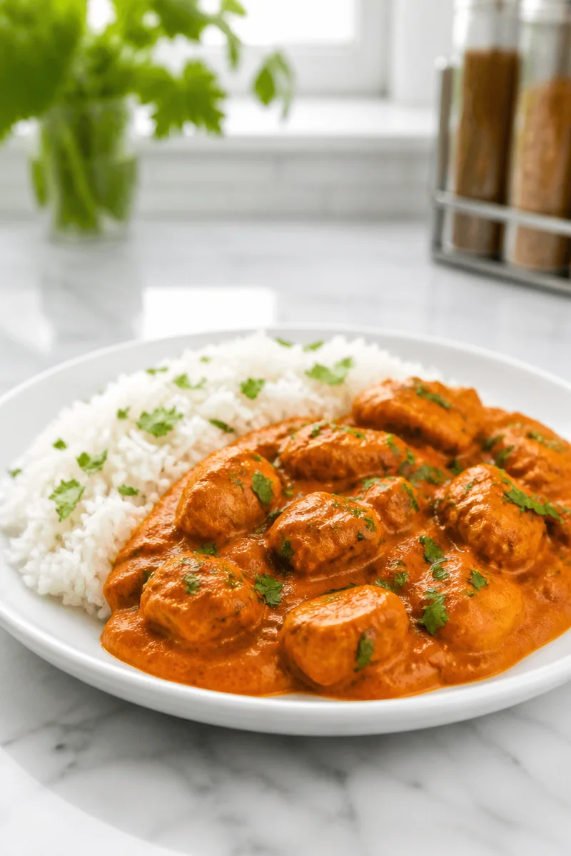 Delicious easy Indian butter chicken served with rice and naan bread