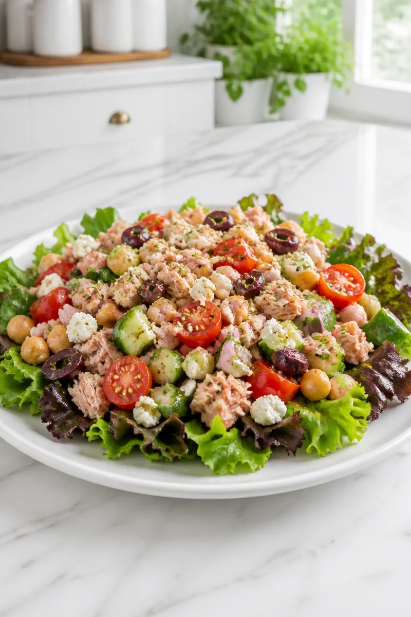 Fresh Mediterranean Tuna Salad Bowl with colorful vegetables and tuna
