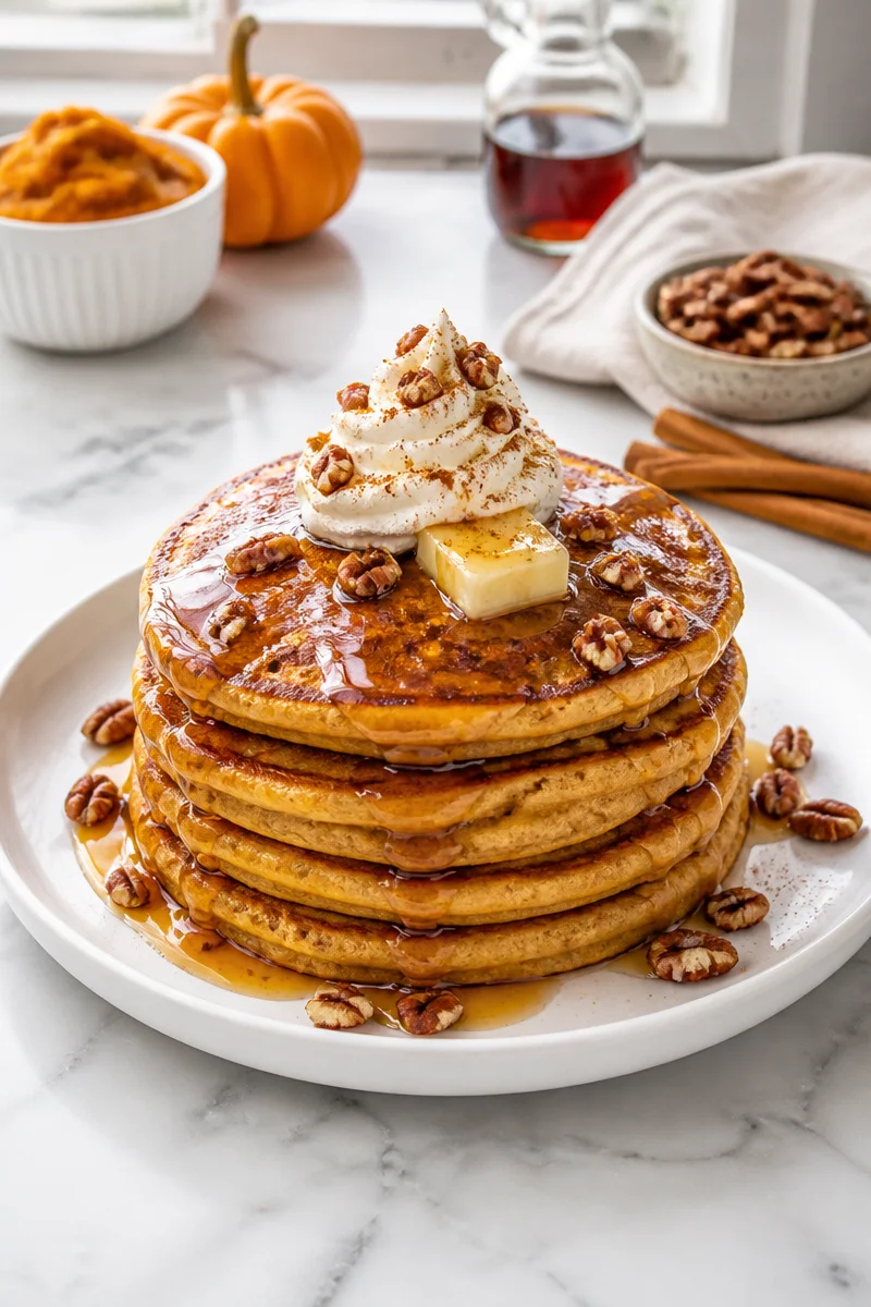 Fluffy pumpkin spice pancake stack topped with maple syrup