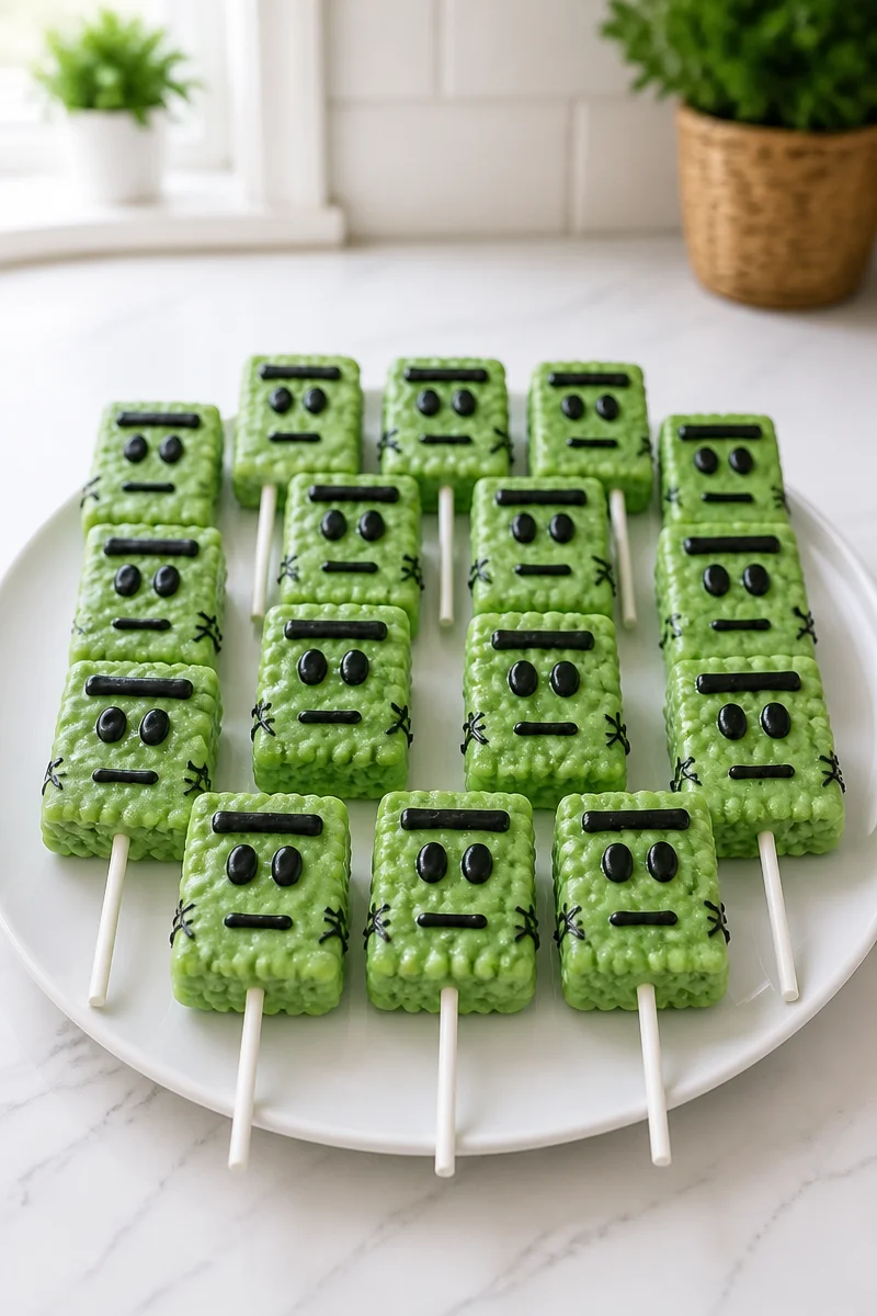 Colorful Frankenstein Rice Krispie Treat Pops for Halloween