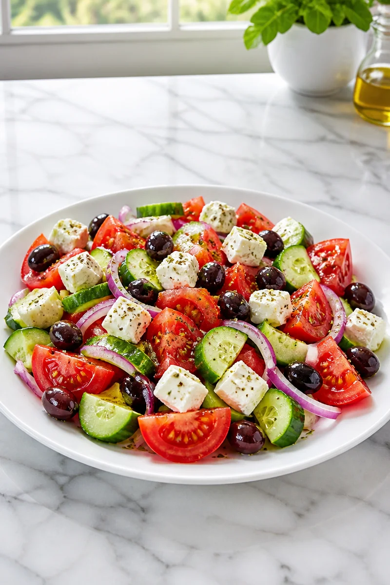 Freshly prepared classic Greek salad with tomatoes, cucumbers, olives, and feta cheese