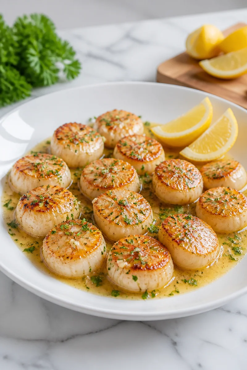 Crispy fried scallops served with lemon butter sauce for Fried Scallop Day.