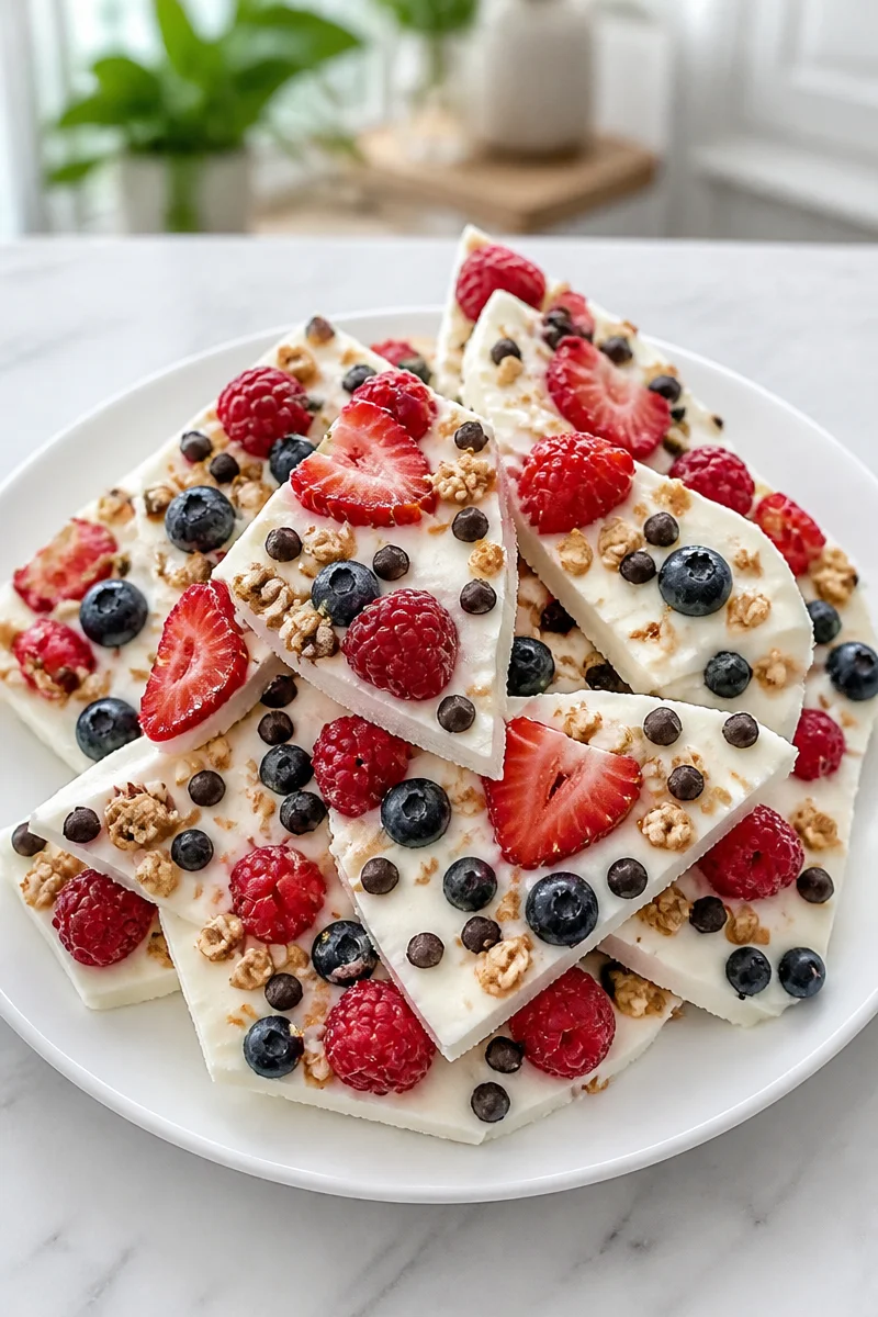 Frozen Greek yogurt berry bark topped with fresh berries and nuts