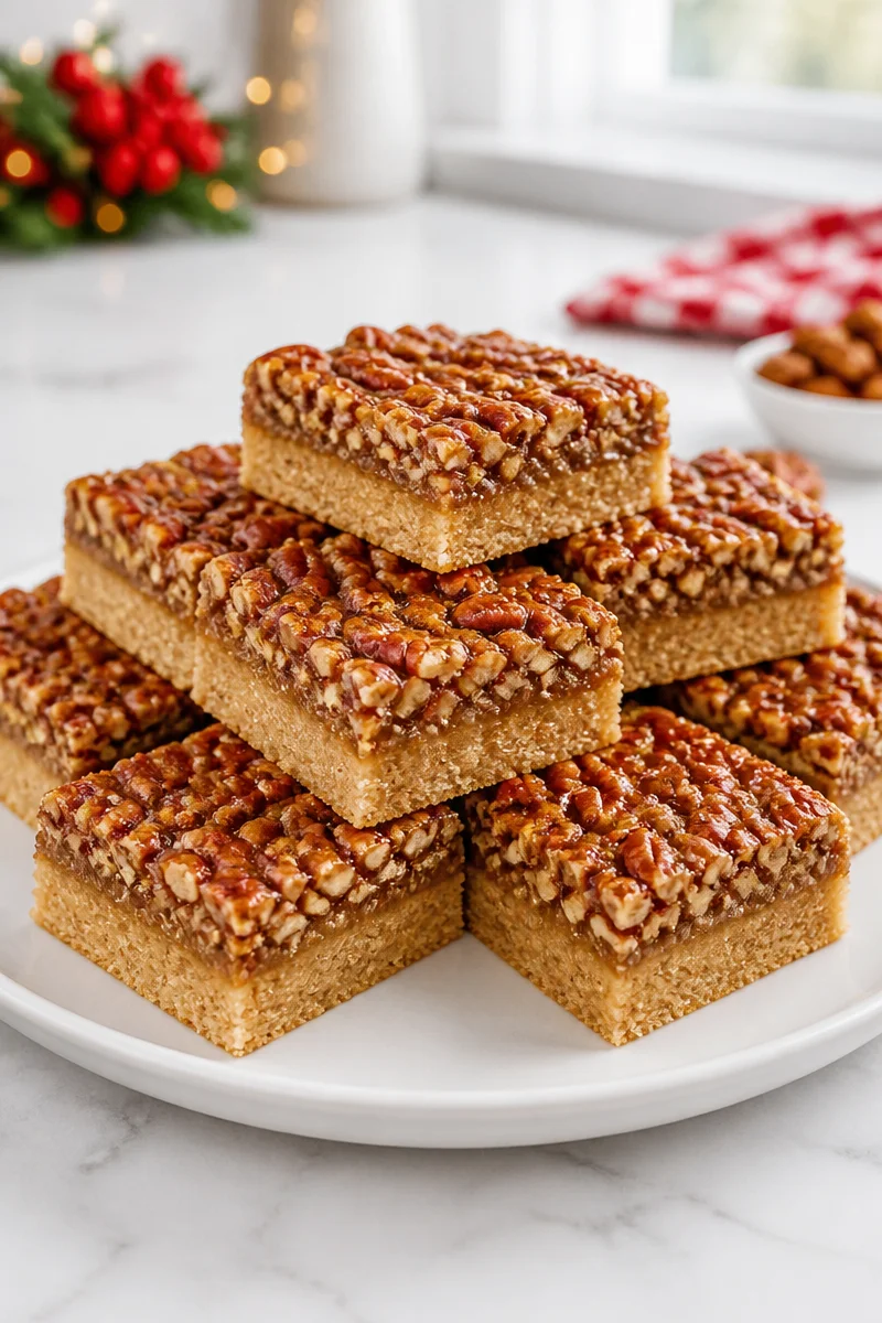 A delicious gluten-free Christmas pecan bar topped with nuts and caramel