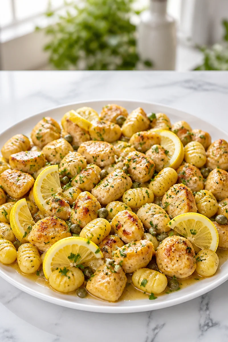 Gnocchi Chicken Piccata with lemon sauce in a skillet.