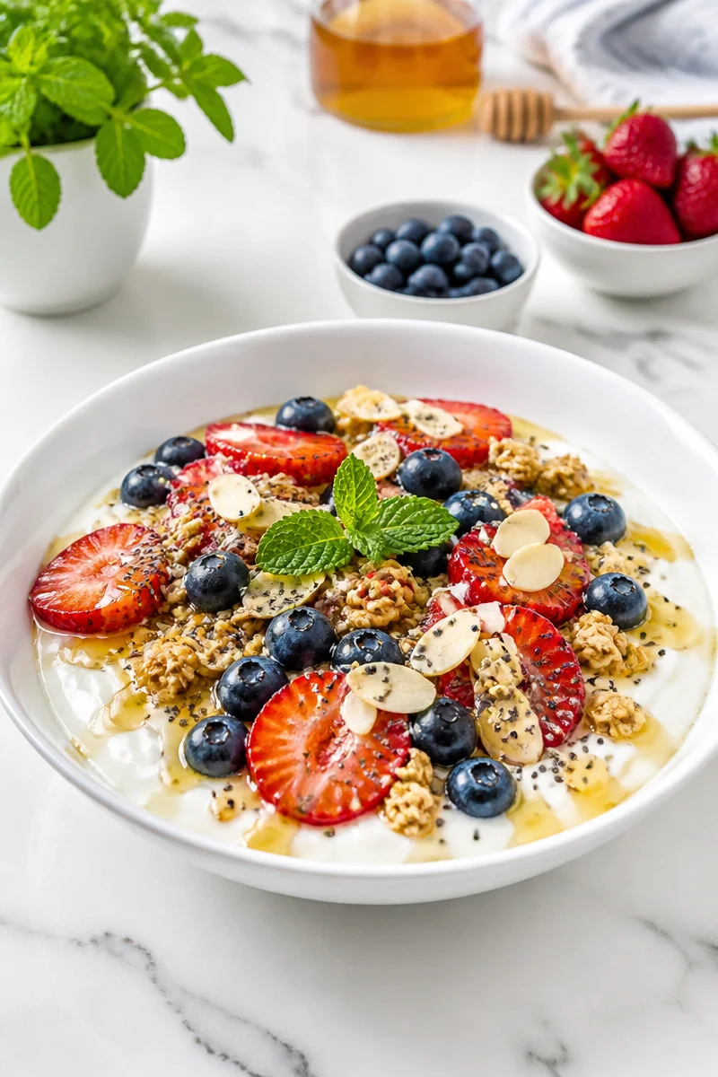 Greek yogurt breakfast bowl topped with fresh berries and nuts